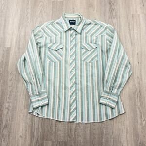 Vintage Wrangler Western Snap Button Shirt Men's 2XL Teal Striped 90s Cowboy